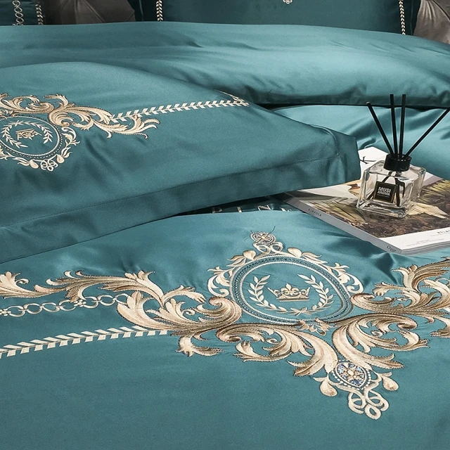 EUROPEAN STYLE LUXURY EDGE GREEN SILK COTTON  EMBROIDERED BEDDING SETS QUILT COVER