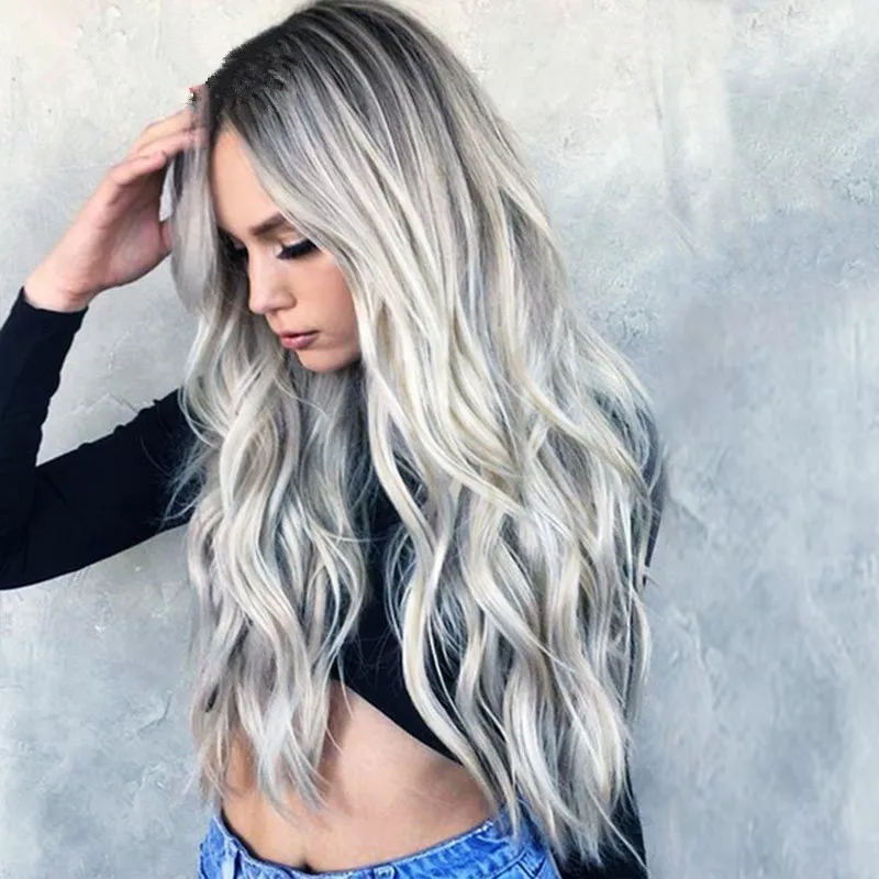 New Highlights Split Long Curly Hair Gray Gradient Anime Wig Chemical Fiber Full Head Set Temale for Women