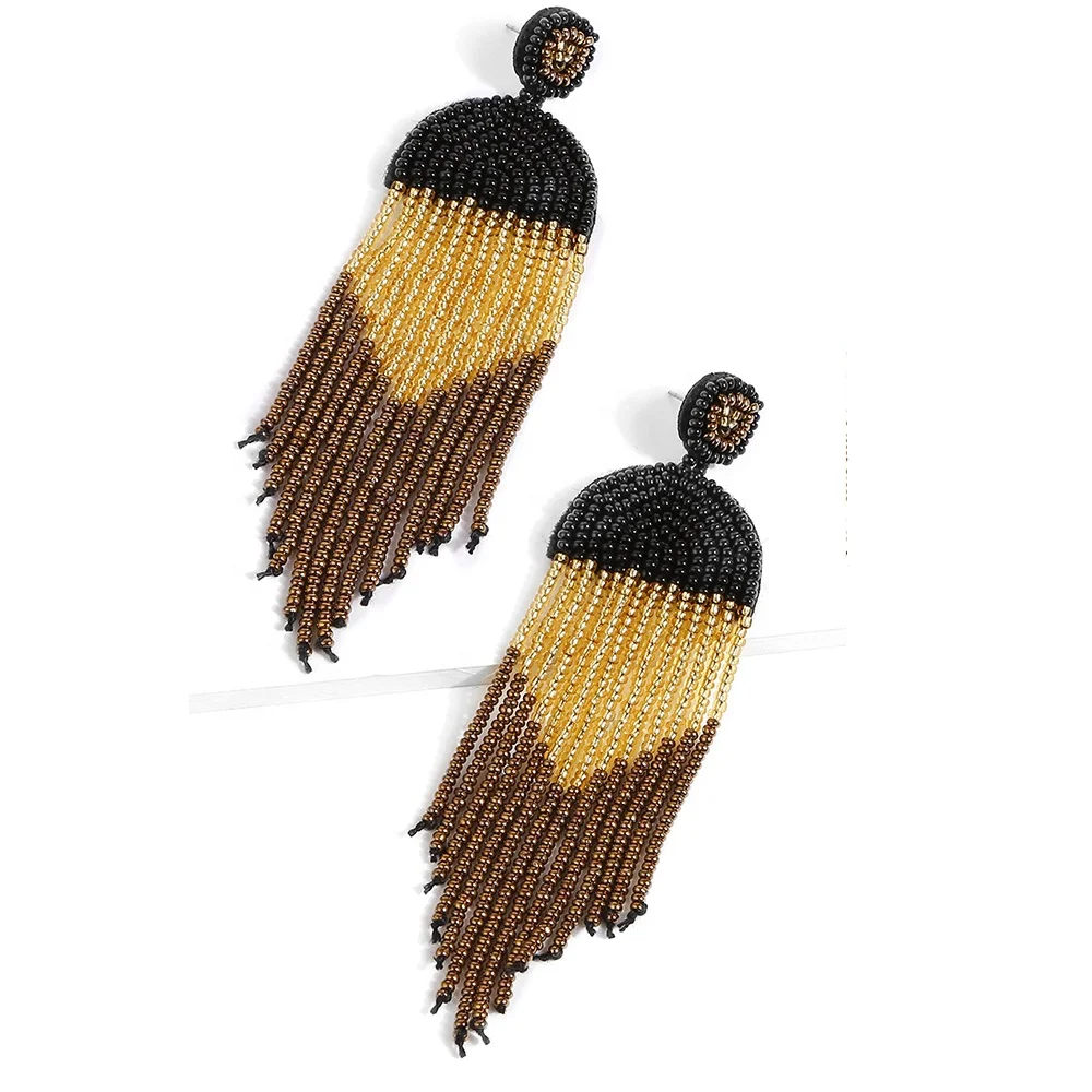 
fashion earrings trend 2021 Handmade Beaded Colored Rice Beads Statement Dangle Fringe Long Stud Bohemian tassel earrings 