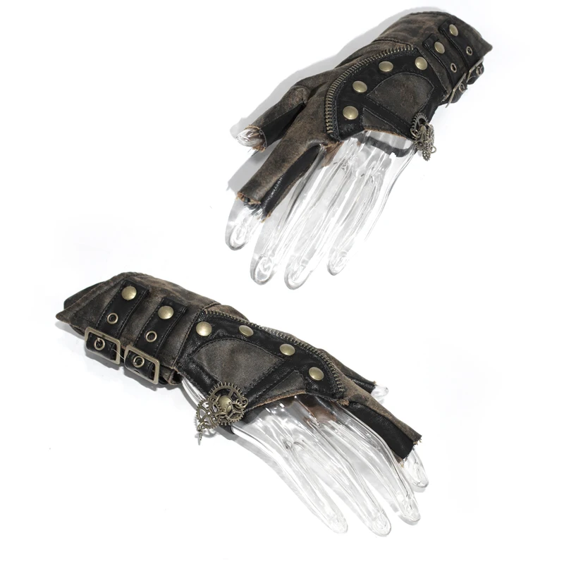 GE014 devil fashion steampunk brown 7-shaped gear decoration nailed sexy women leather gloves