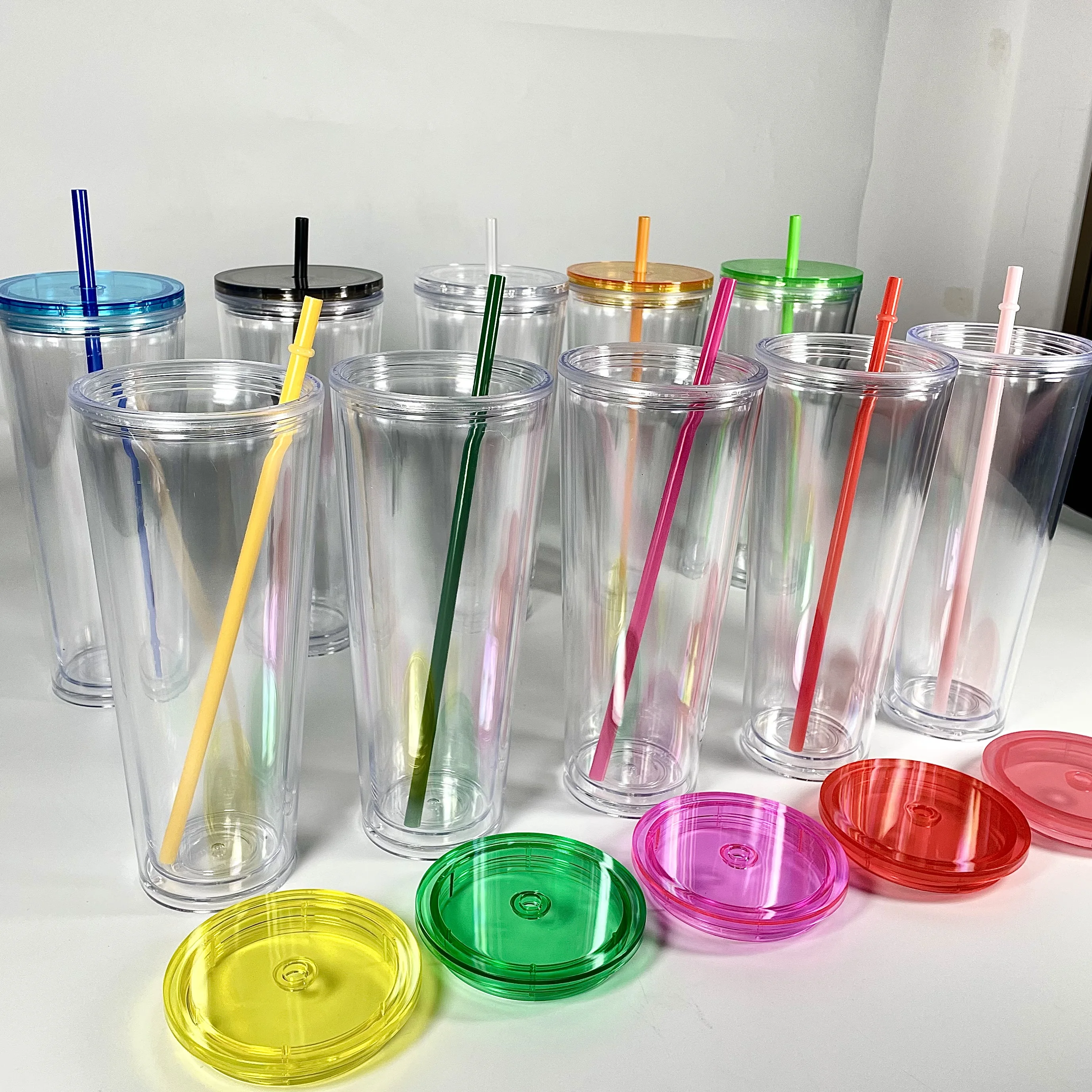 24oz double walled clear portable double wall water plastic acrylic glasses drinkware with straw