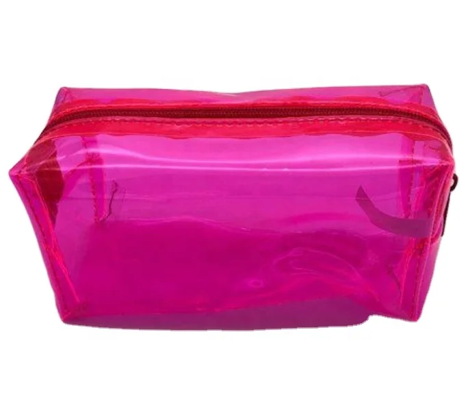 Pink Clear Transparent See Through Pencil Makeup Bag Pouch With Ribbon Zip