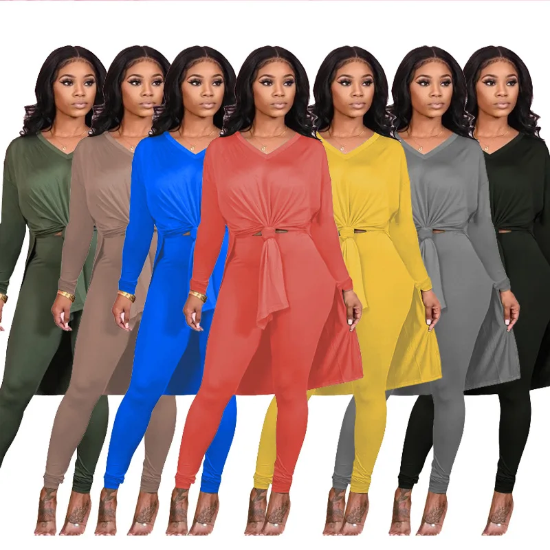 
Womens Yoga Two Piece Set New Arrival O-Neck Solid Color Split Casual Long-Sleeved Top Pants 2 Pcs Sets 
