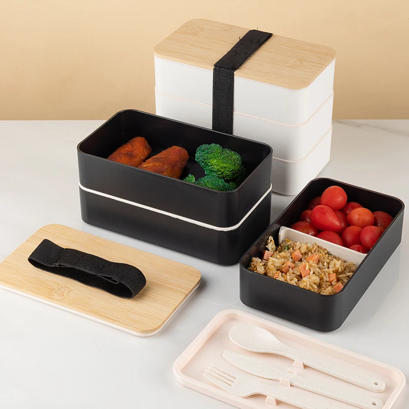 Bento Lunch Box With Divider and Cutlery Lunch Containers for Kids Bamboo Fiber Double Layer Lunch Box with Bamboo Lid