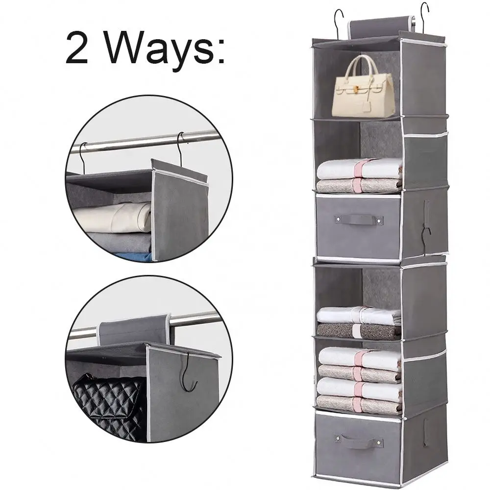 Custom clothes detachable hanging organizer with beside bag 2 separable hanging shelves for wardrobe