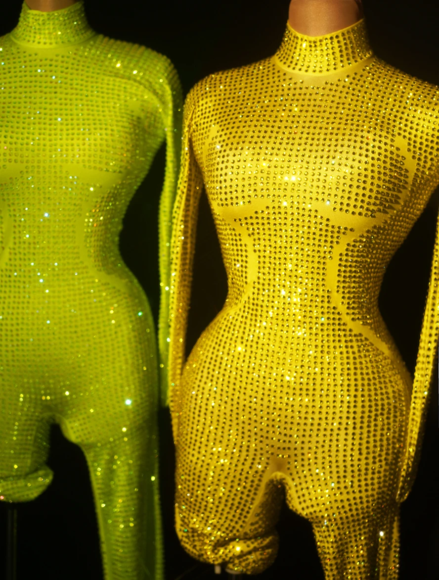 Sexy Long Sleeve One Piece Bodysuit Club Clothes Festival Outfit Gogo Dancer Costumes Party Rompers Rhinestone Jumpsuit Women