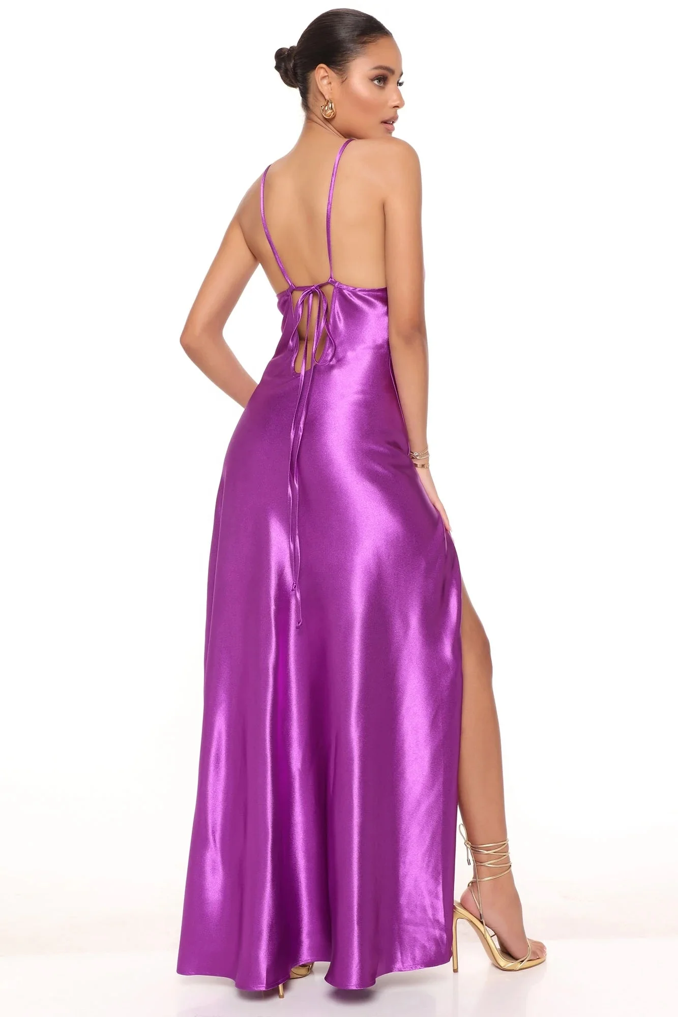 dressing Spaghetti Straps Tie Back Cowl Neck Cut Out High Slit Fully Lined Shine satin bridesmaid dresses Maxi Dress night gown