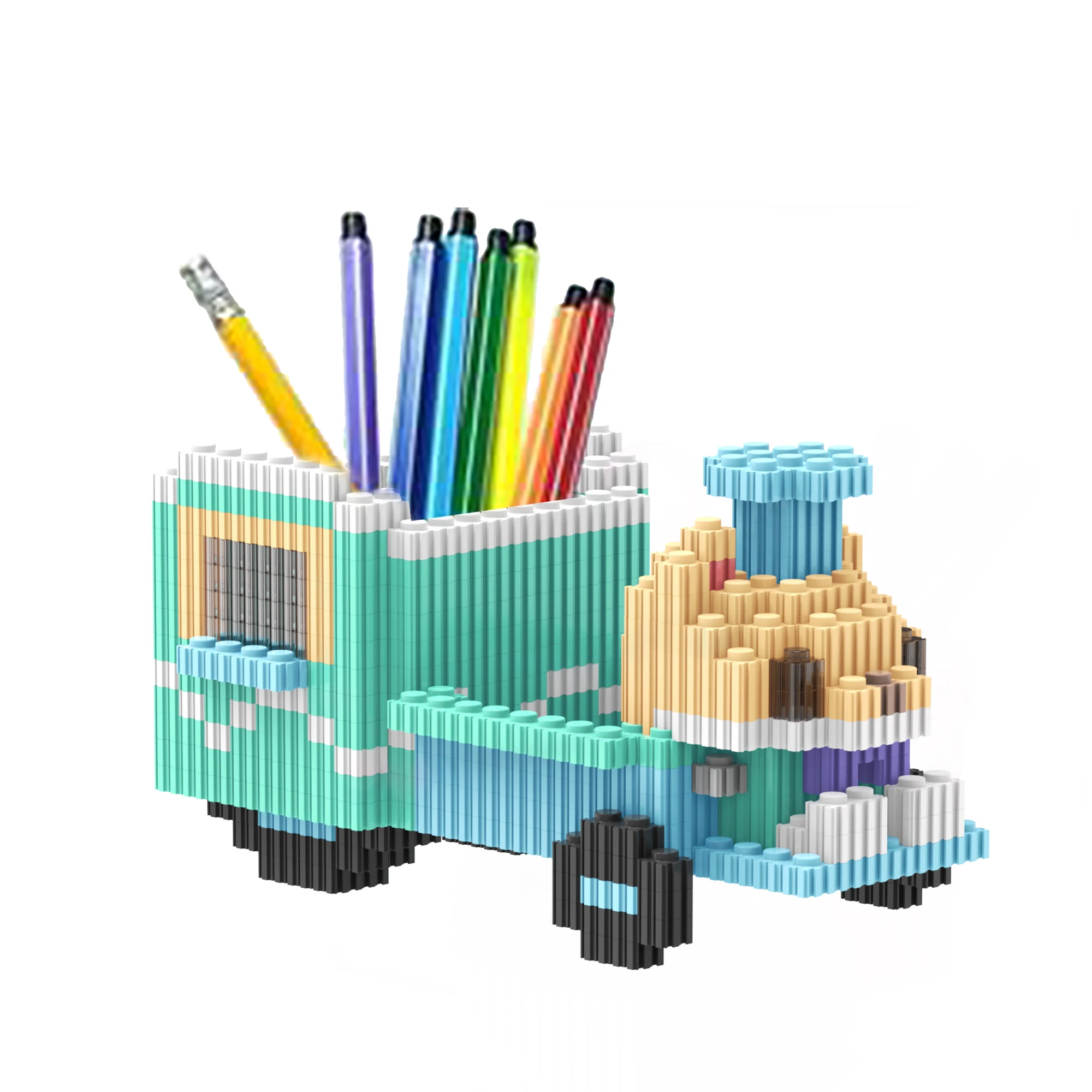 DIY Plastic Building Block Set Steam Train Locomotive Pen Holder Educational Model Toy for Kids Desktop Storage