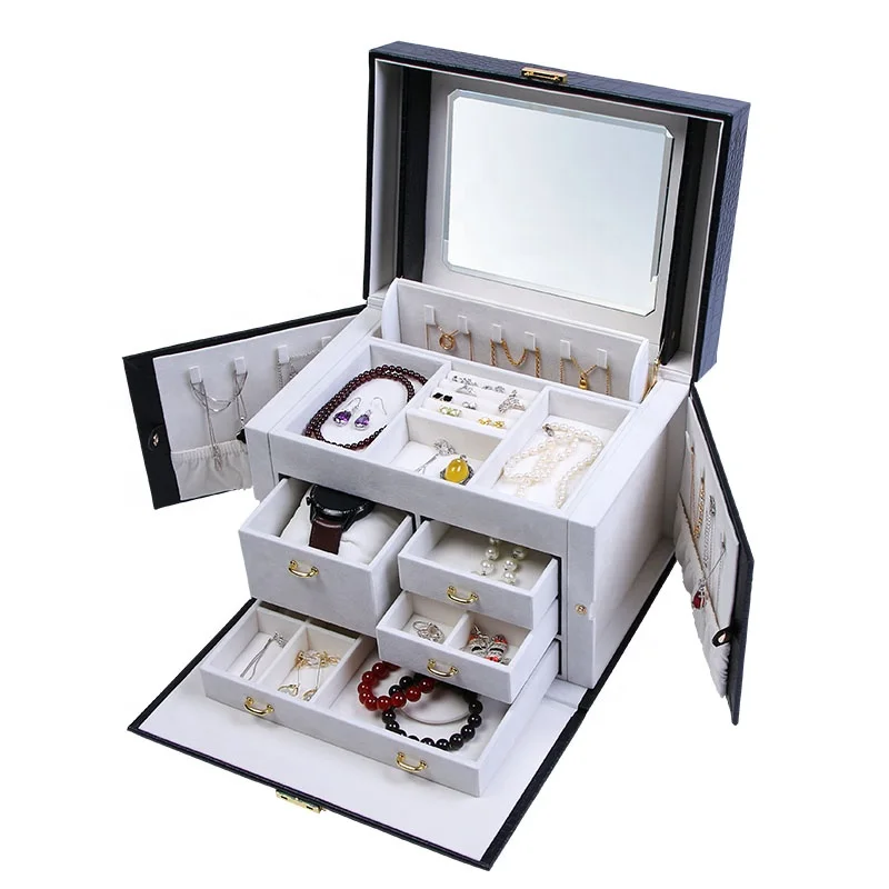 Multi-drawer  leather jewellery collection box, jewelry box  with clear mirror for decoration