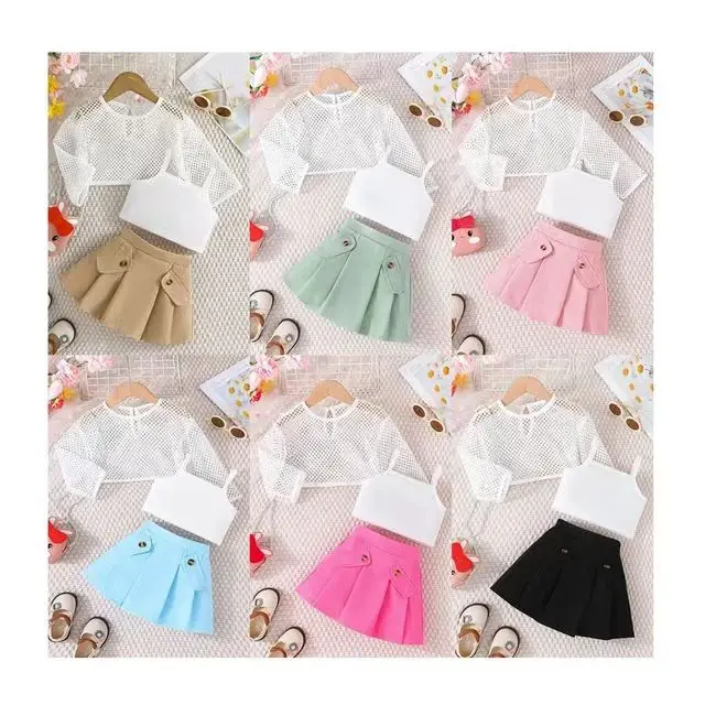 autumn summer 1 To 6 Years Old girls clothing sets Mesh long sleeves caot + sleeveless Top Shirt + Skirt fashion 3 pcs Set