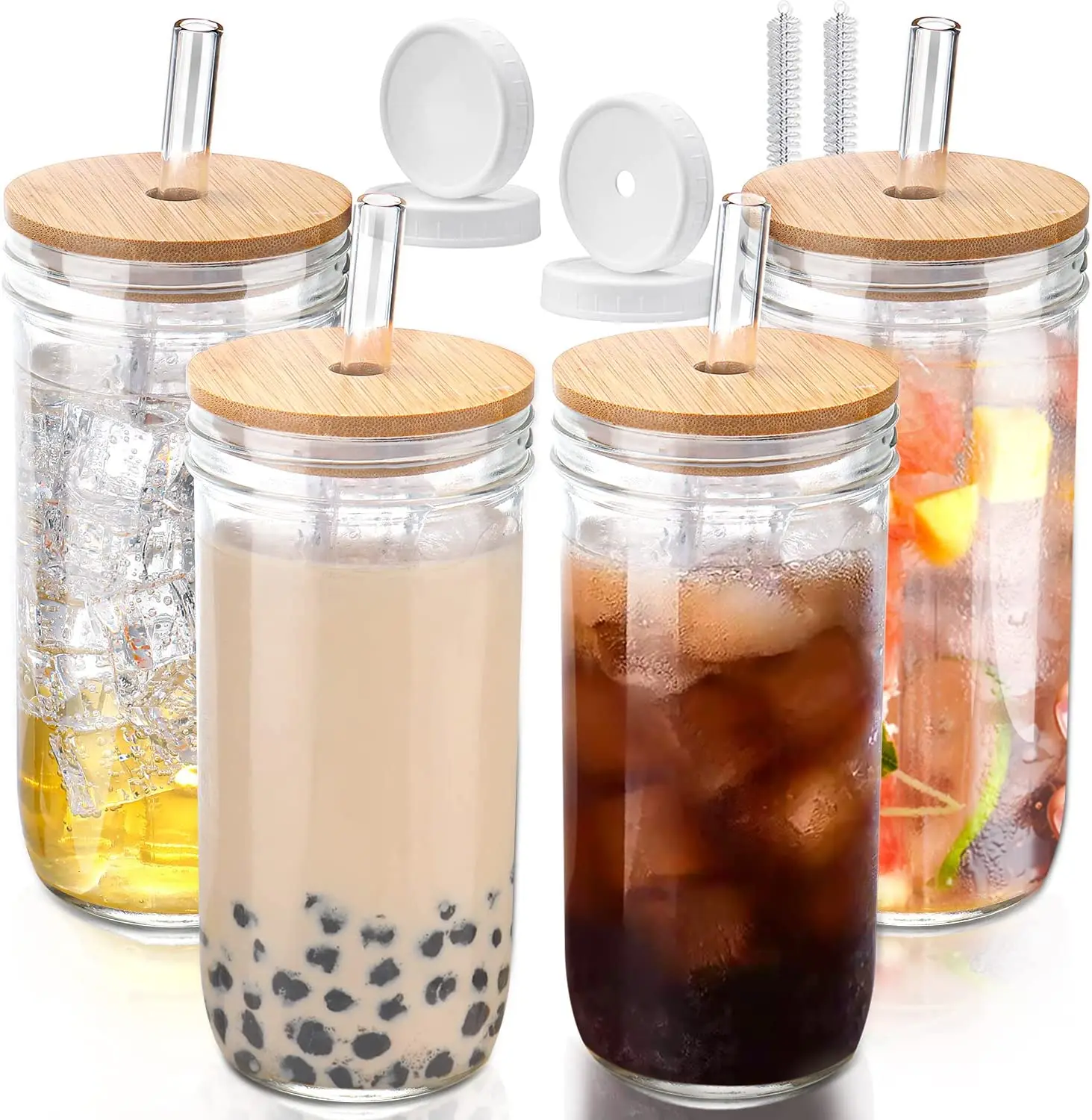 4 Pack Glass Cups Set - 24oz Mason Jar Tumbler Bottle Lids and Glass Machine with Bamboo Straw Reusable Travel Kitchen Water SZ