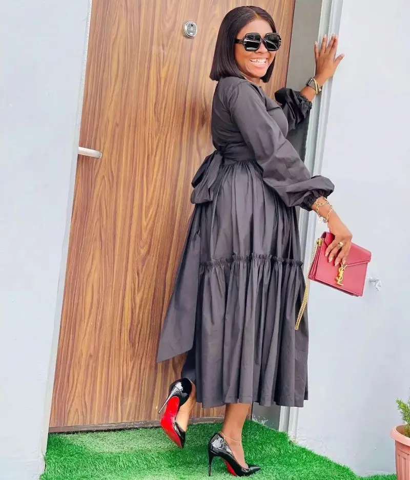 Wholesale Clothing New Casual Elegant Puff Sleeve High Waist Long Sleeve Maxi Pleat Dress with Cloth Belt