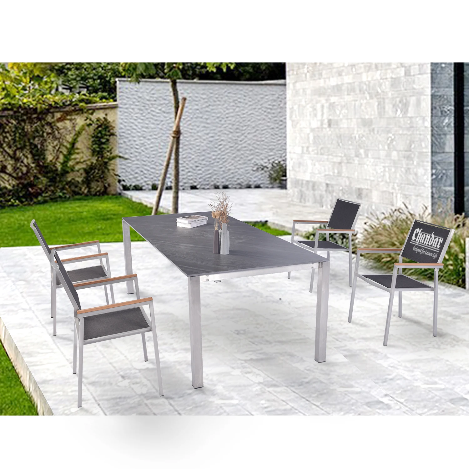 Обеденная Мебель для патио, современный досуг, водонепроницаемый садовый стол и слинг, уличные стулья