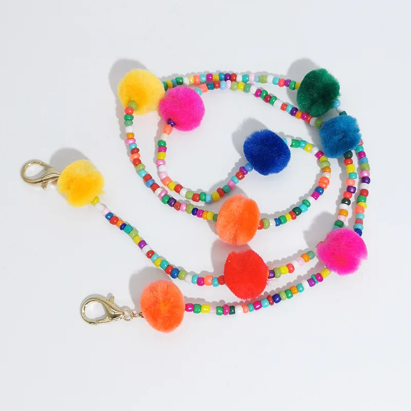 RTS Bohemia plastic maskes holder colorful seedbead Gradient pompon kids masking chain cartoon maskes holder