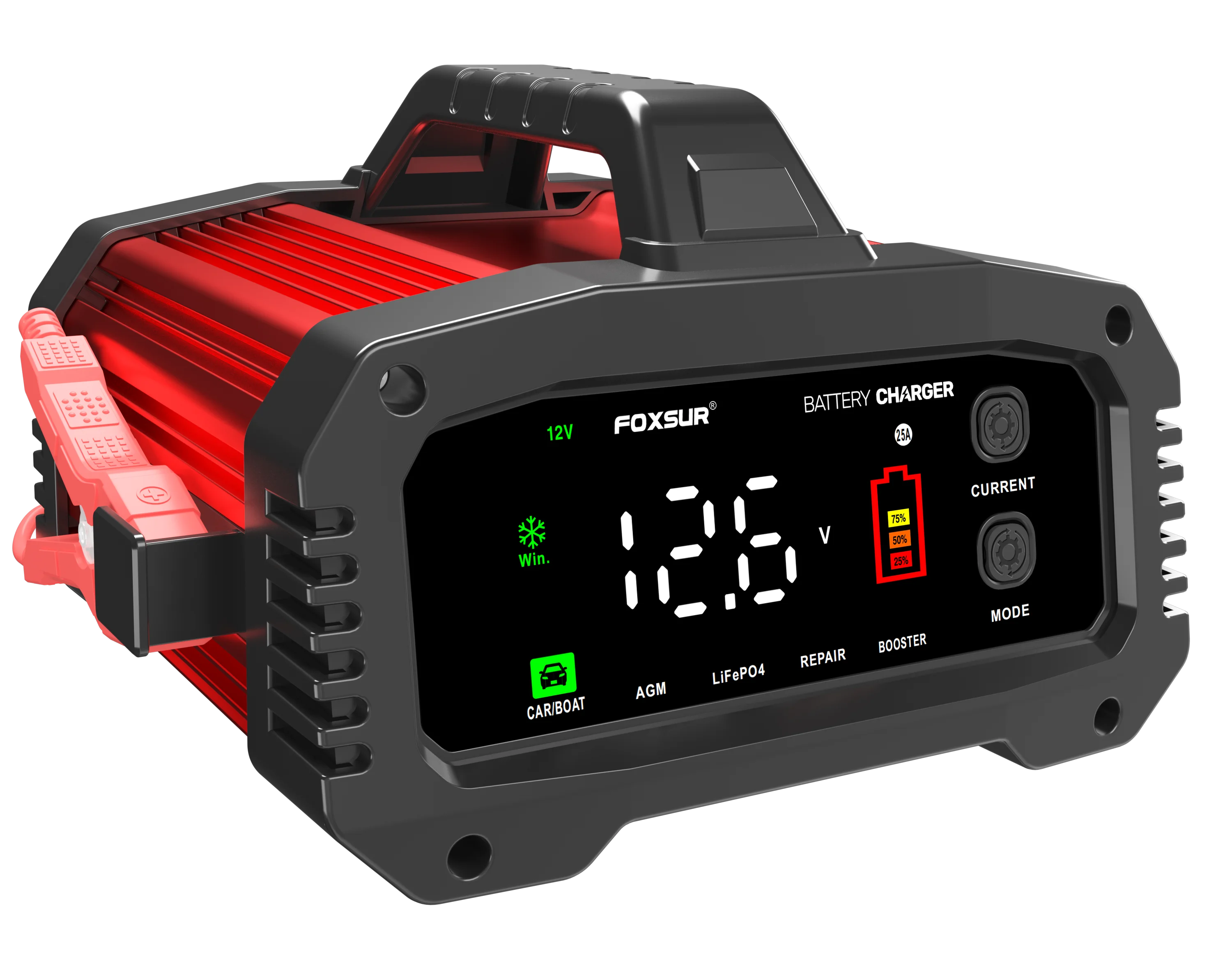 Foxsur  25A Car battery charger 12V24V automatic smart battery charger for LiFe PO4 batteries