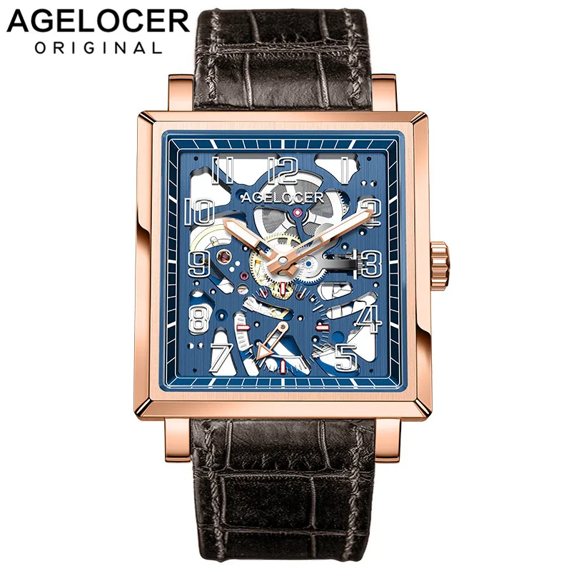 AGELOCER Black Luminous Swiss Fashion Analog Display Mens Mechanical Skeleton Wrist Watches Top Brand Luxury Watches