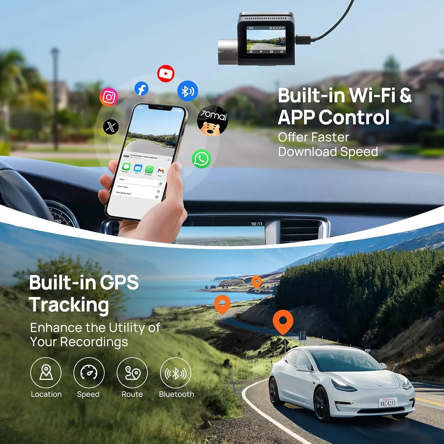 70mai 3K UHD Smart Dash Cam Front and Rear A500S, Dual Dash Camera Built-in WiFi GPS 2' IPS LCD Screen with Night Vision