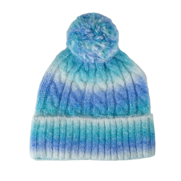 High quality women thick cable knit tie dye rainbow Beanie With Pom Pom Winter Hat