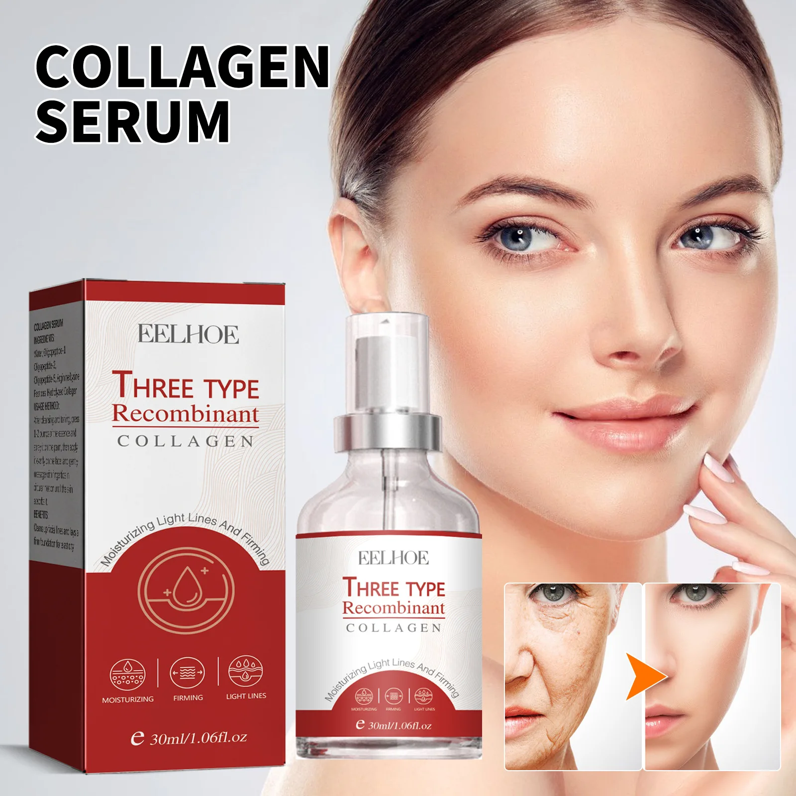 EELHOE 30Ml Three Type Recombinant Collagen Essence Anti-Aging Removal Blemish Dark Spots Light Fine Lines Lift Firming Serum