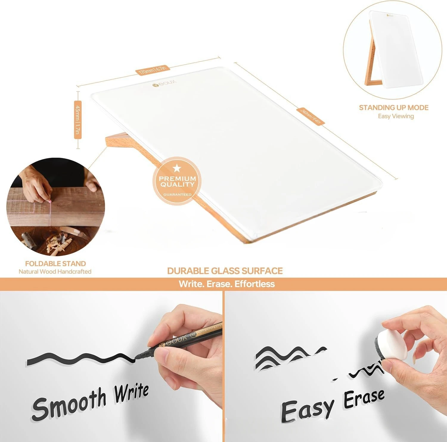 Desktop Tempered Glass Dry Erase Writing Board with Wooden Stand Computer Desk Pad Whiteboard Note Board For Home Office