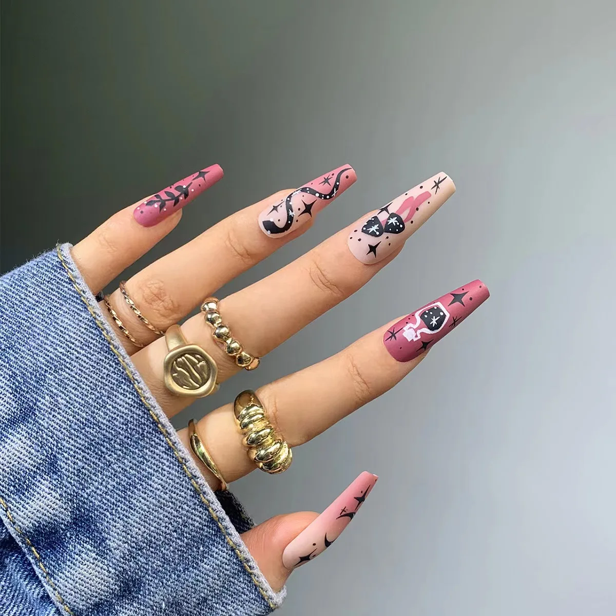 2022 hot sale pink black sweet design matte coffin false nails wholesale for woman