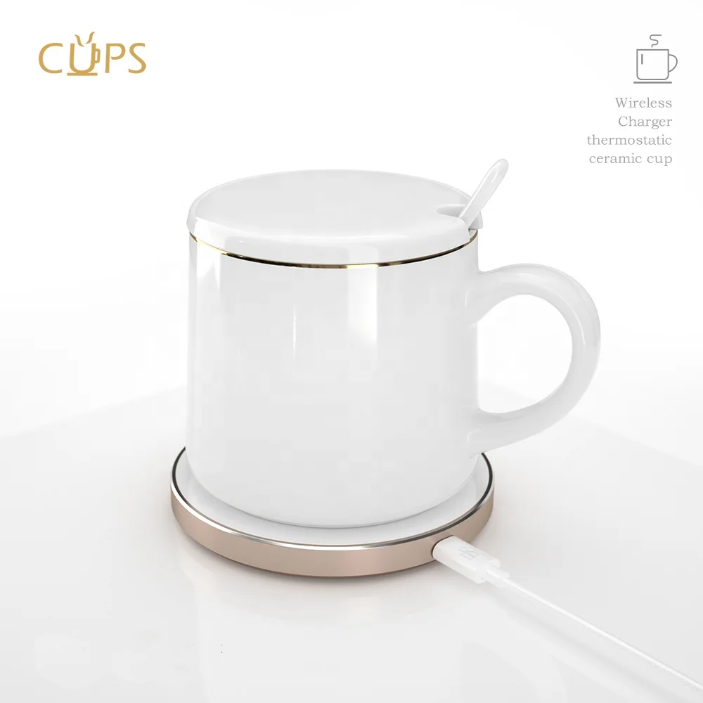 Zeamor Logo Custom Smart 2 in 1 Mobile Phone Wireless Charging Warmer 55 Degree Tea Cup Coffee Mug Gift Set For Home Office