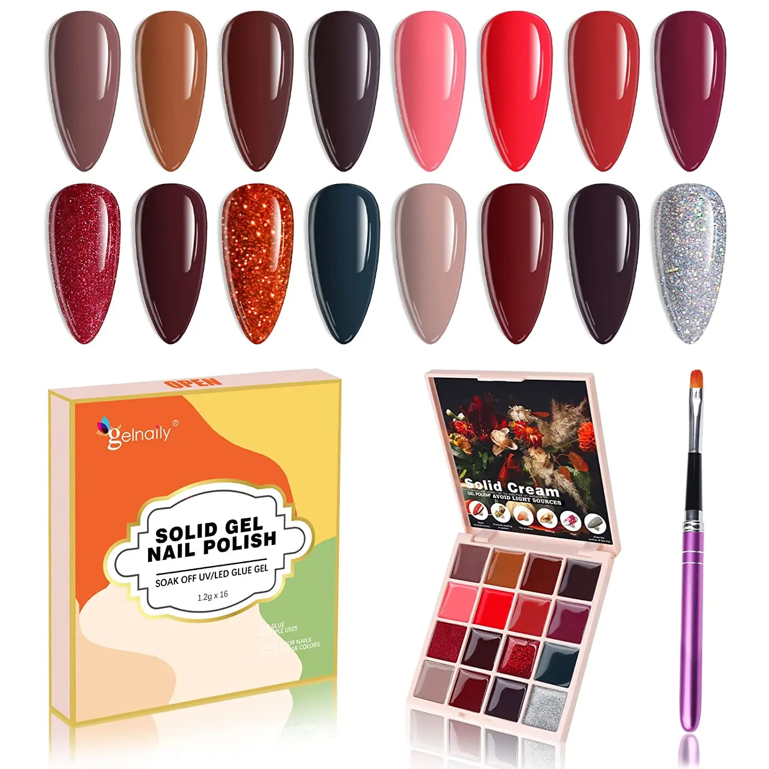 16 Colors Popular Solid Gel Polish Pudding Gel Soak Off LED Nail Art Kit Salon DIY with Pro Nail Brush