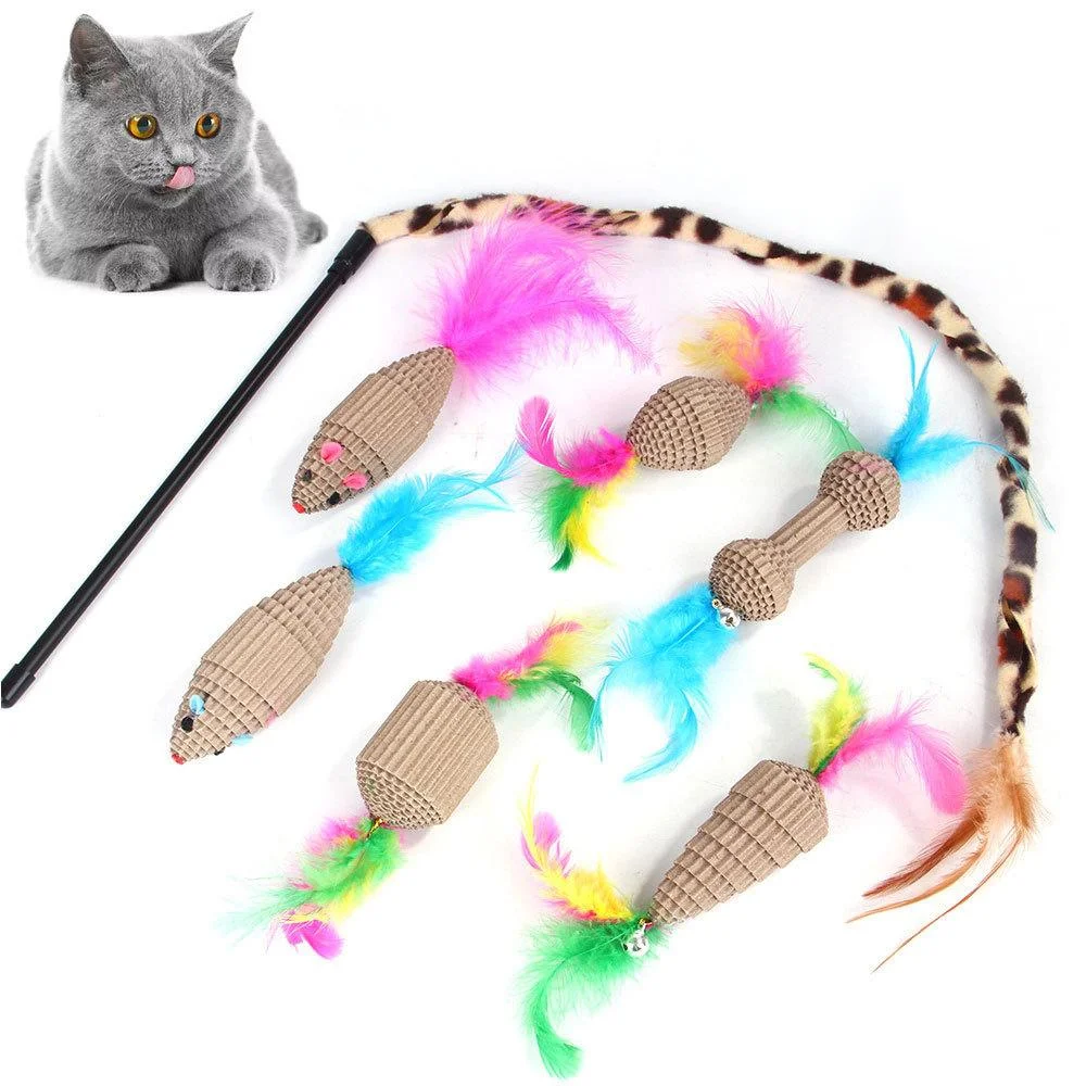 
2021 Amazon new pet supplies interactive supplies funny cat feathers stick chew mouse combination cat toys 