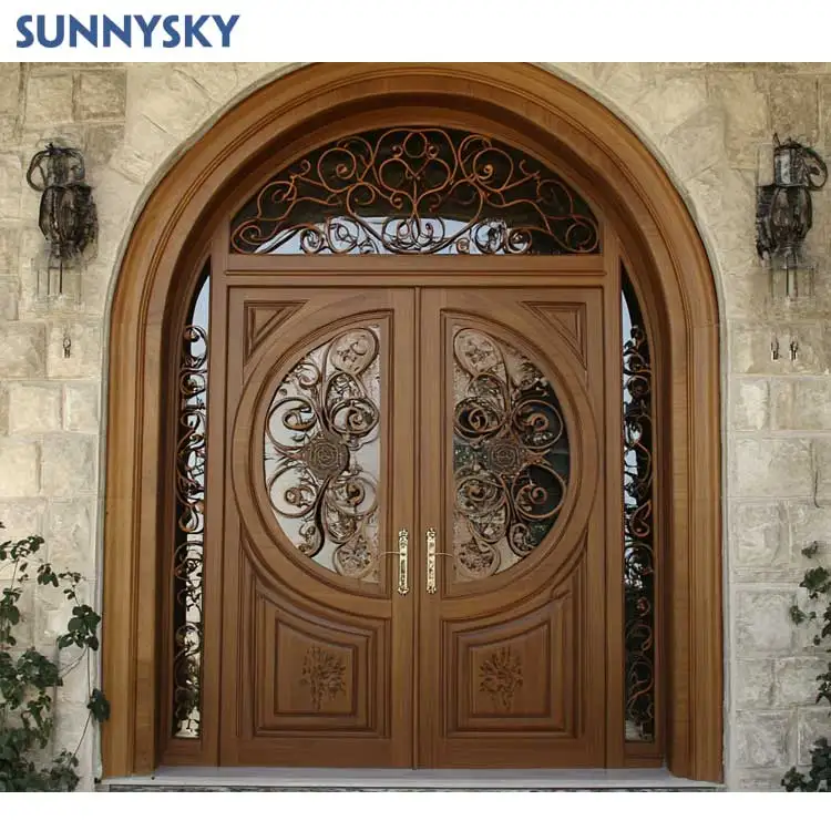 Sunnysky Luxury arched double wooden front entry doors design exterior arch top solid wood main entrance door with glass