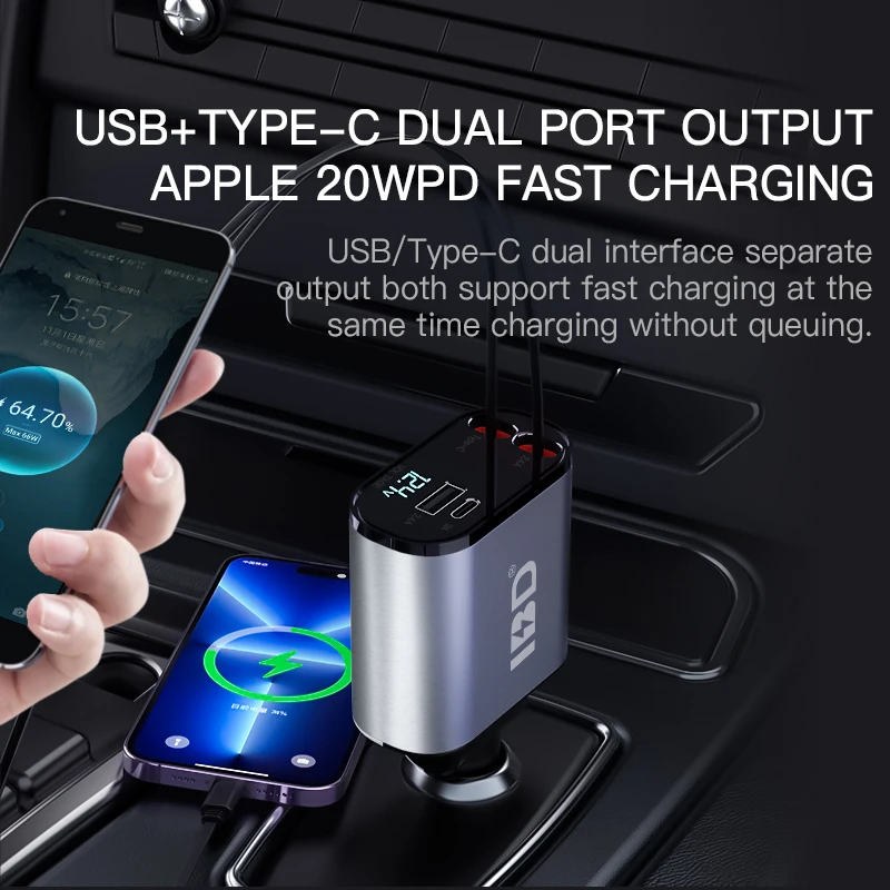 IBD 4 in 1 chargers car retractable cables and PD usb c port 12v fast charging charge 60w 100W 120W car charger for iPhone