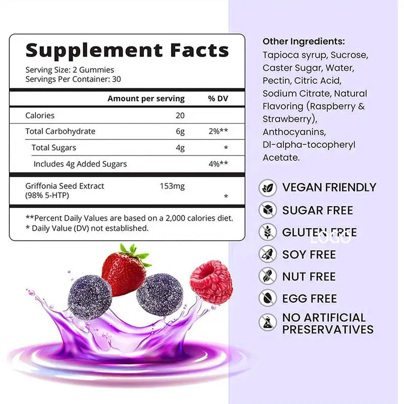 Natural 5-HTP Supplement Gummies with Calcium and L-Tryptophan Chews for Adults and Teenagers