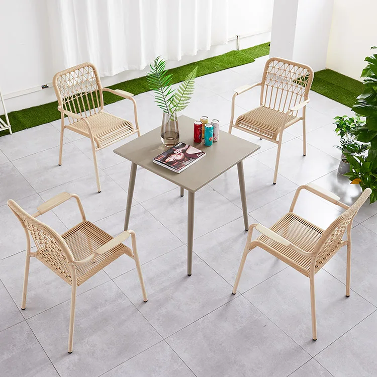 5 Pieces Metal Restaurant Outdoor Garden  Patio Backyard Rope Dining Table and 4 Chairs Set