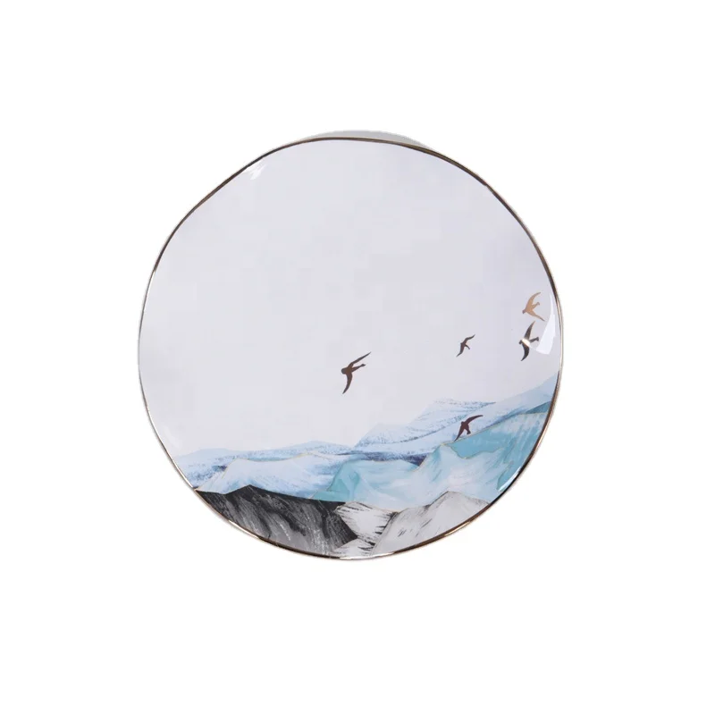 Unique Design Decal Ceramic Deep Dish Plate Plate Dinnerware With Wave Edge