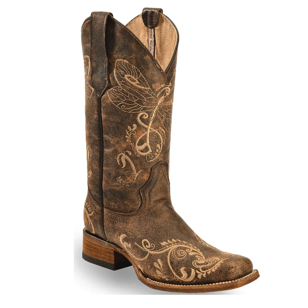 
Women`s Dragonfly Embroidereo CowGirl Boots Square Toe 