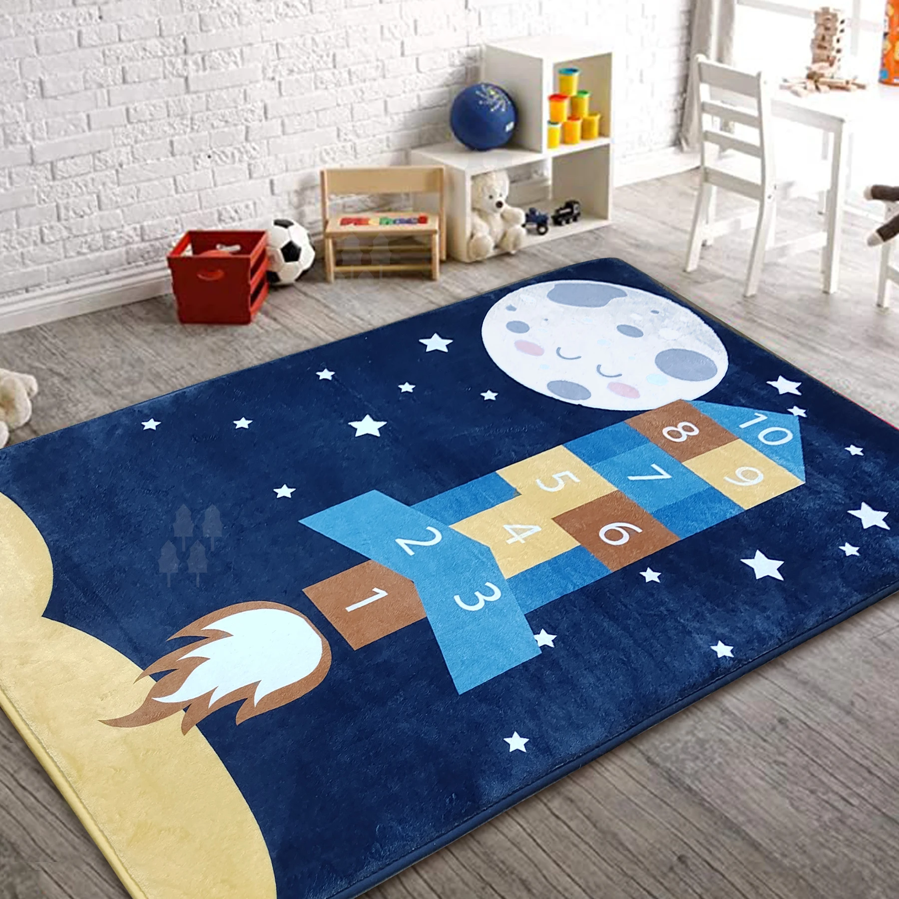 Blue Rocket Game Floor Carpet Classic Hopscotch Rug Kids Play Area Mats with Skid-Proof Backing