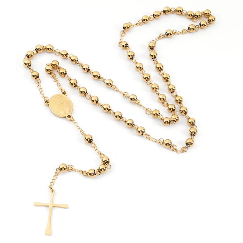 Religious Catholicism 4mm Beads of Notre Dame Cross Gold Stainless Steel Necklace
