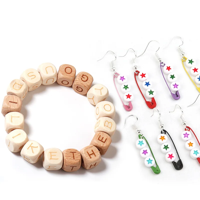 12mm 26pcs/bag square Alphabet beads grass tree Wood letter Beads for Birthday gift making