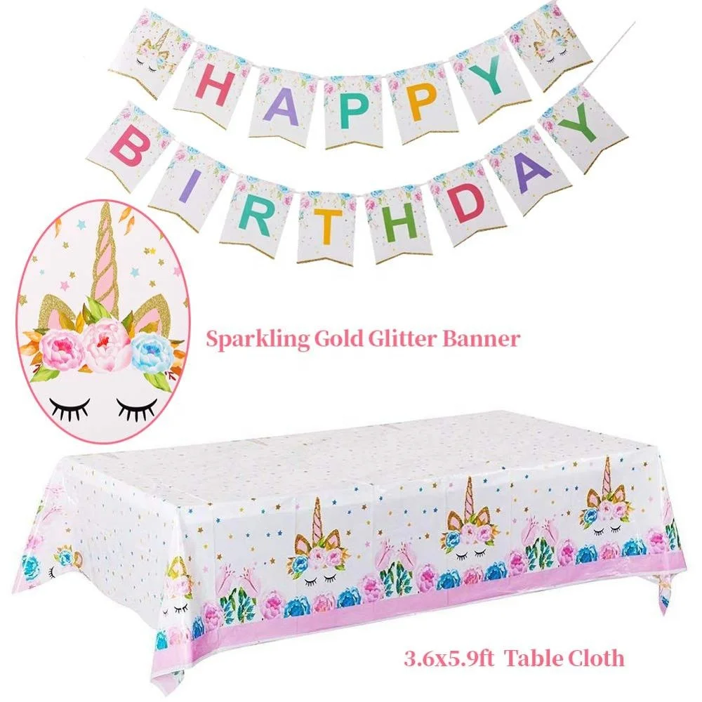 144 Pcs Luxury Unicorn Party Serve 16 Banner / Backdrop / Balloons / Hats/ Plates /Table Cloth Wedding Birthday Supplies