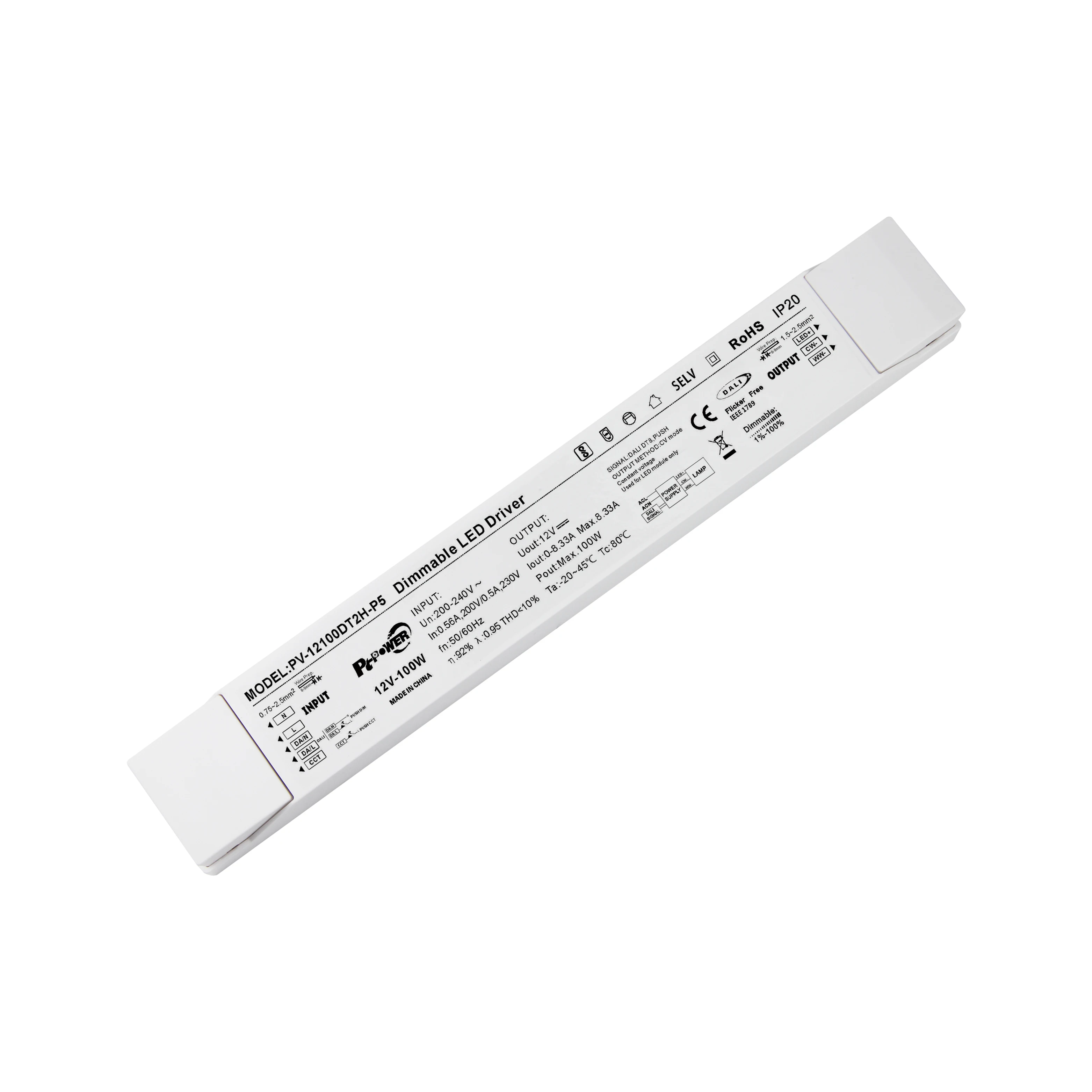 DALI DT8 Dimming 100W 12/24V White Plastic Shell 100-240V Constant Voltage DALI Dimmable LED Driver for Office LED Lighting