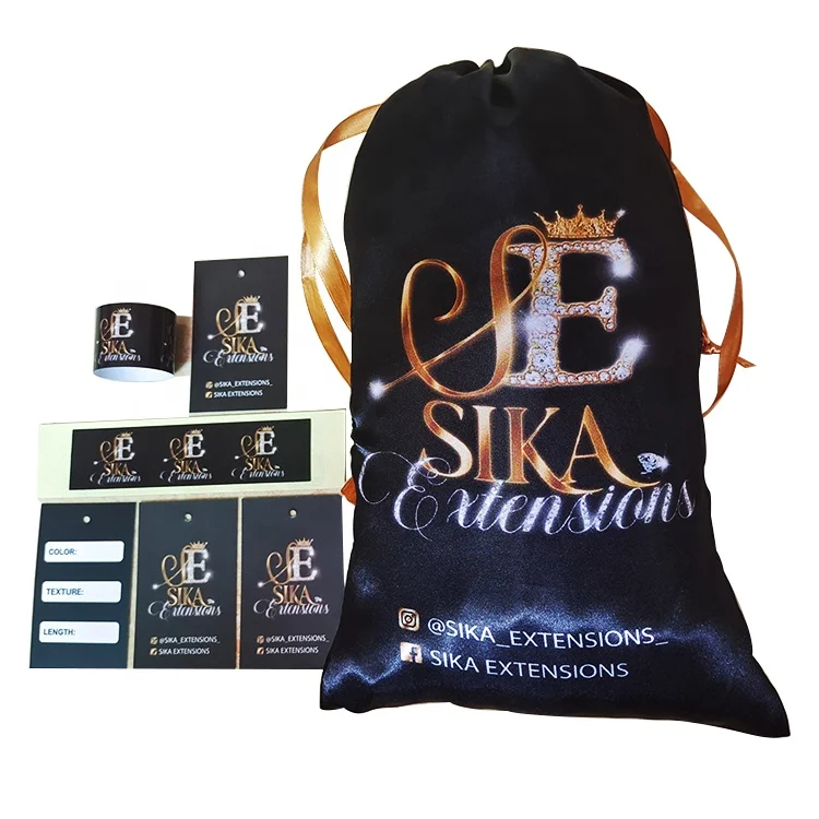 BN-142 Wholesale drawstring gift silk satin pouch hair extension packaging black satin bag with customized logo