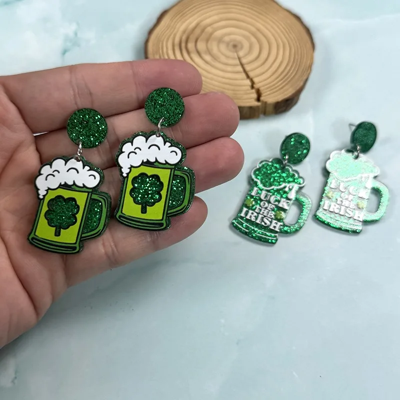 2025 Personalized Creative Celebrate Acrylic Irish Beer Cartoon Carnival Green Four-Leaf Clover Earring for Women Carnival Gift