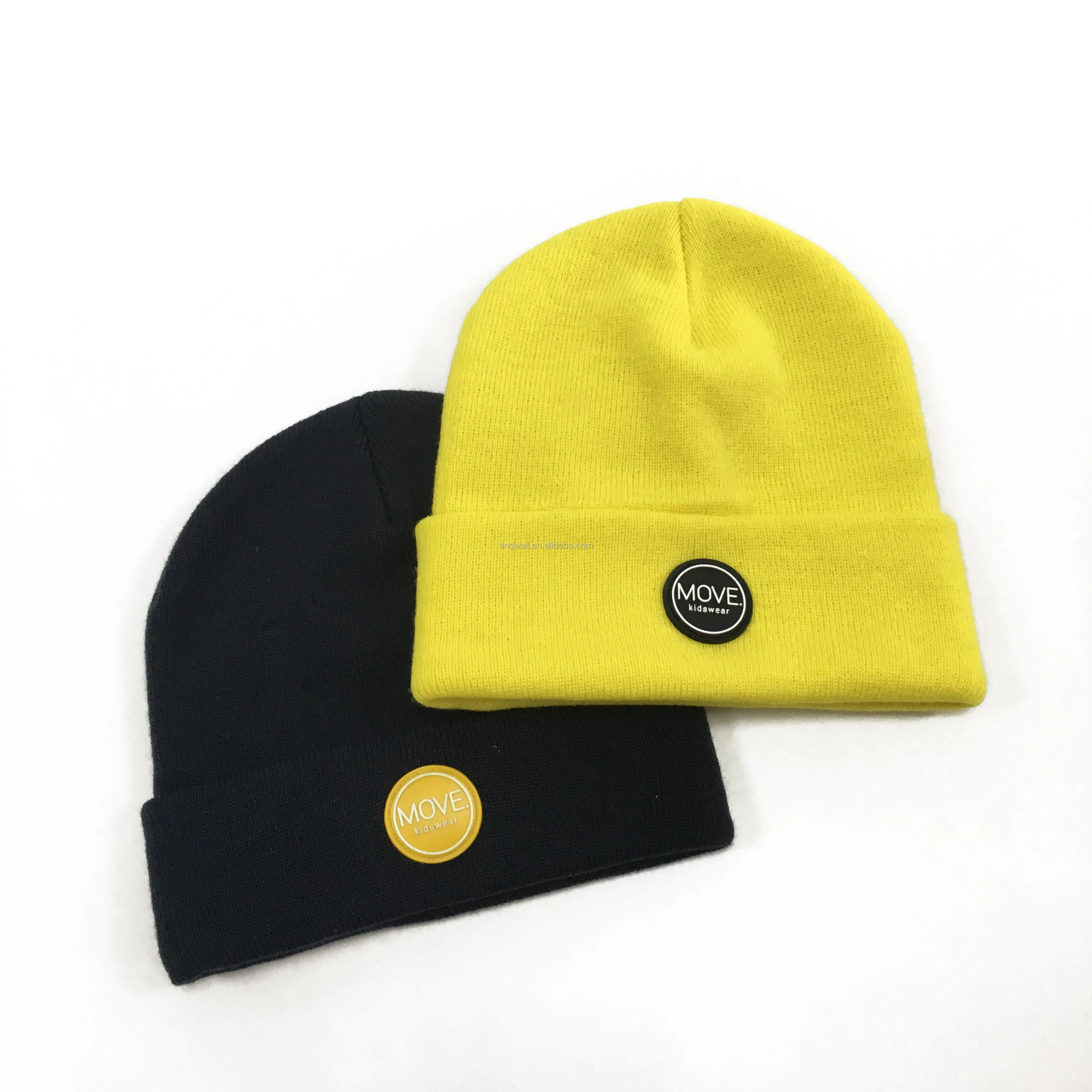 Unisex Custom Acrylic Knit Beanie Hat for Children Yellow Skull Pattern Woven PVC Silicone Logo Winter Daily Wear Ski Scenes