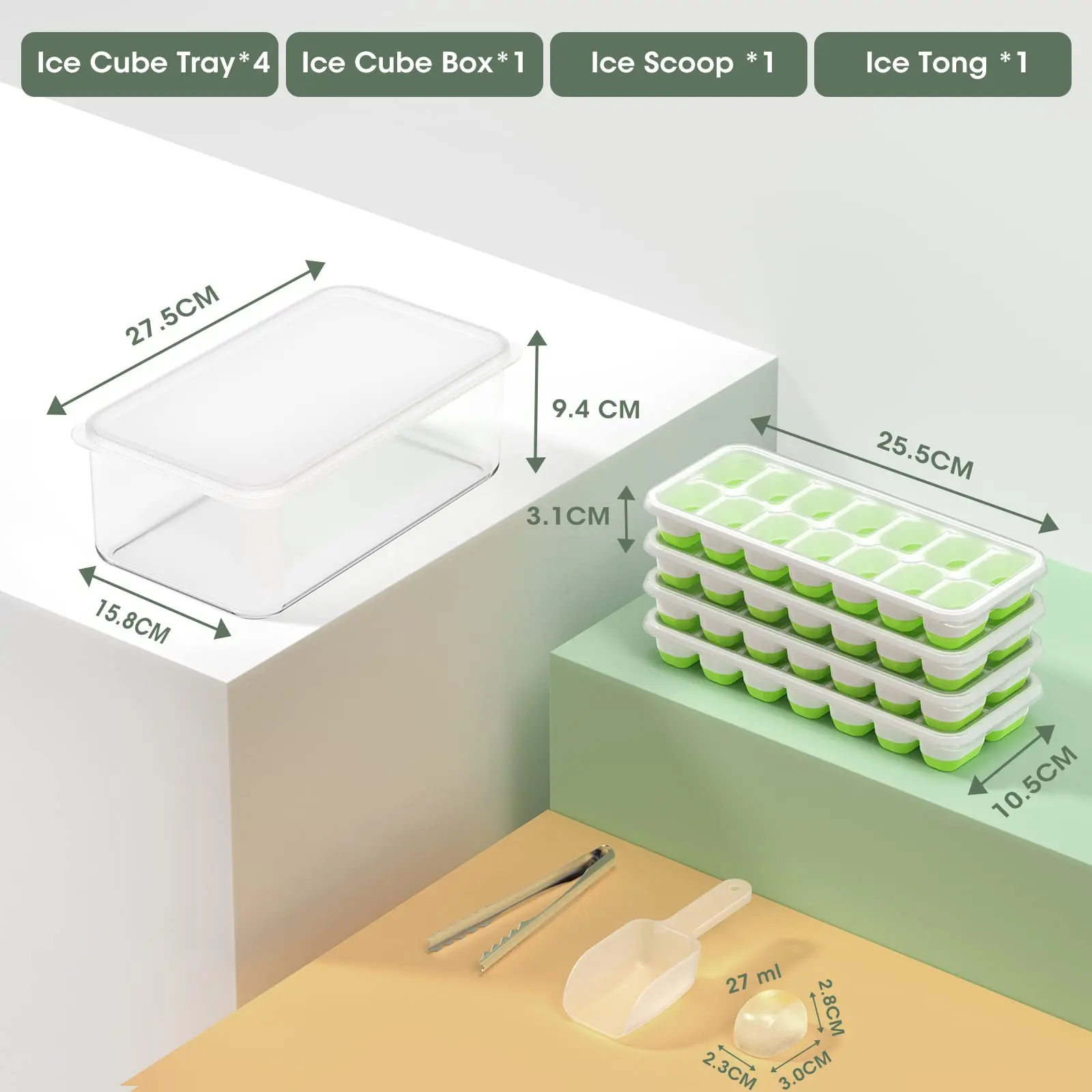 Stackable Ice Cube Tray with Lid Bucket Bin Ice Molds Silicone & Plastic Container for Freezer with Ice Box