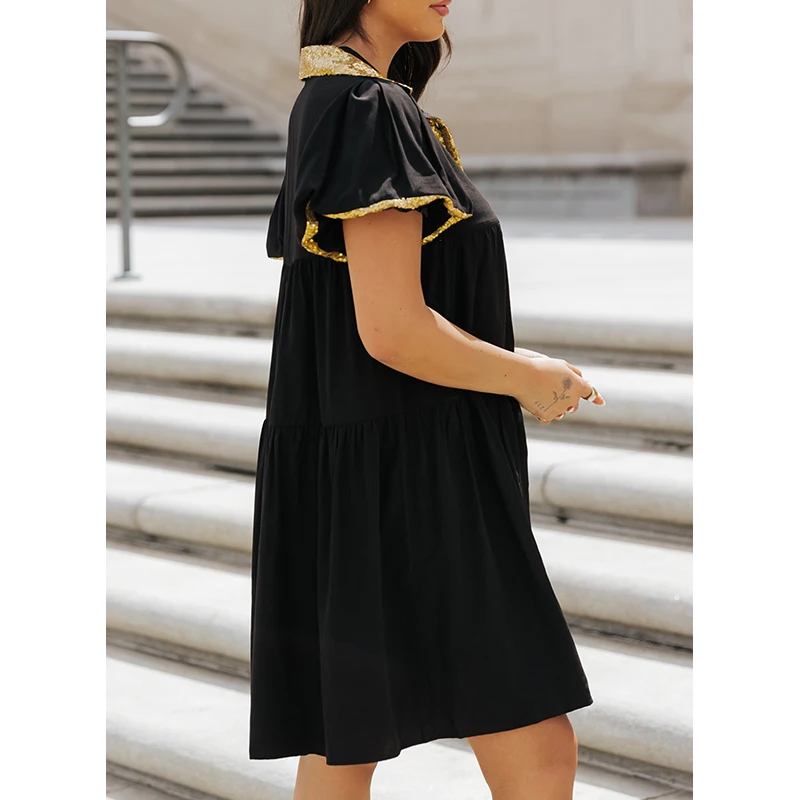 Dear-Lover Wholesale Fast Shipping New Arrivals Game Day Trim Bubble Sleeve Sequin Shirt Dress For Women