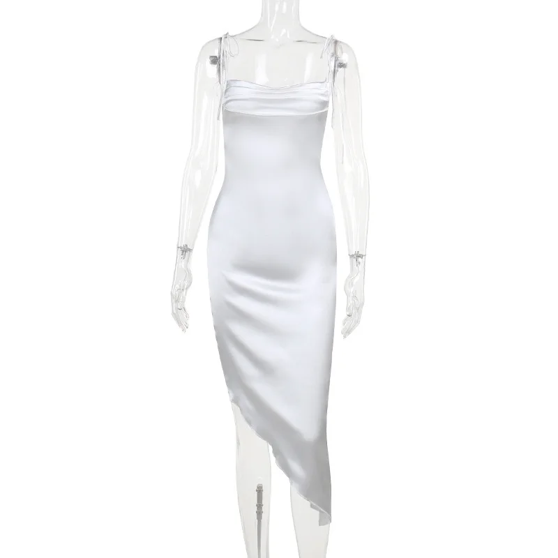 Silk Satin Elegant Sleeveless Straps Dresses Women Sexy Stacked Irregular Summer Party Dresses for Women