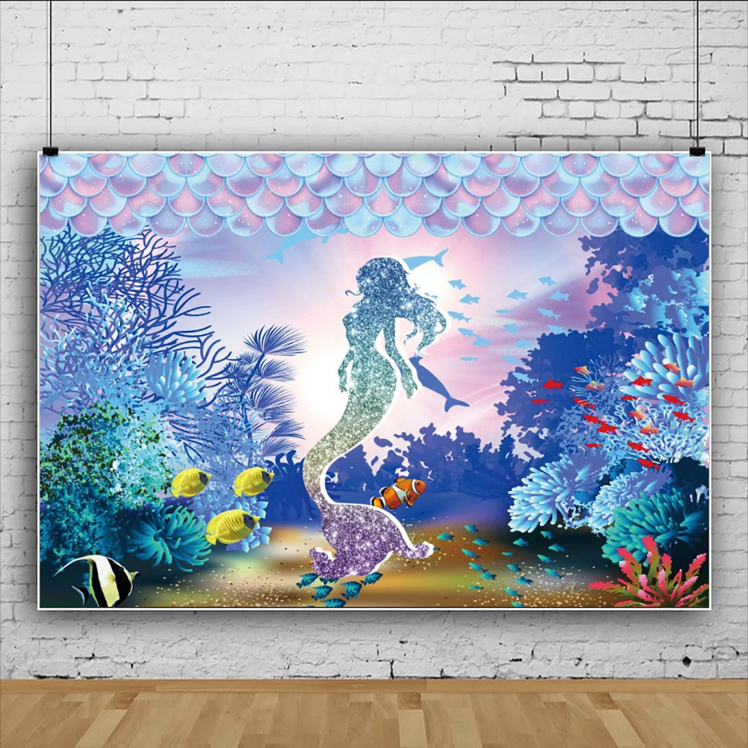 7x5ft Mermaid Under The Sea Photography Backdrop Props Ocean Purple and Teal Girl One Birthday Party Decoration Starfish Shell