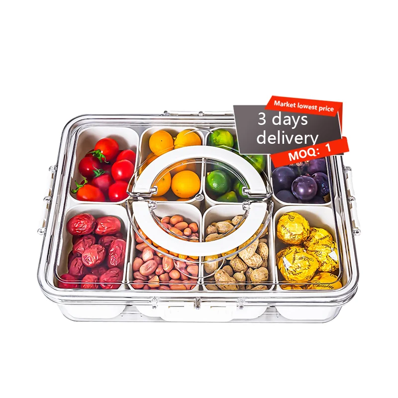 DDP USA Stock Portable Plastic Snack Storage Box PET Container Divided Serving Tray with Lid and Handle
