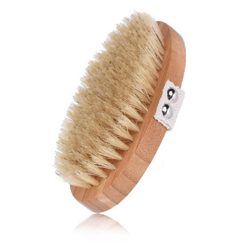 Natural EXFOLIATING Body Wooden Boar Bristle Pig Hair Bath Brush Scrub Skin Massage Shower Round Head Bamboo Massager