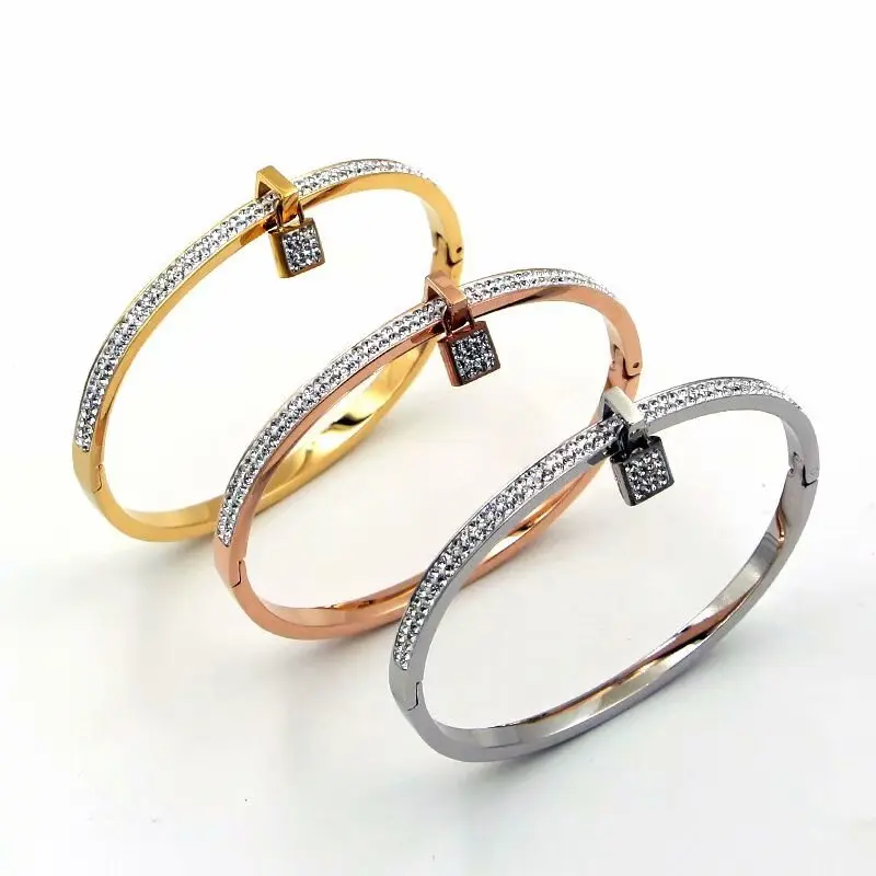 Lock pendant manufacturing wholesale three color luxury zircon stainless steel jewelry bangle