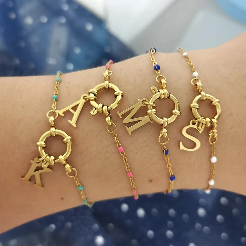 A-Z Letter Anchor Clasp Bracelet Women Stainless Steel Enamel Chain Bracelets DIY Alphabet Charms